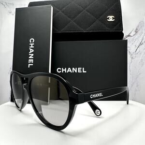New CHANEL Sunglasses Black Polarized Lens Pilot Aviator 55mm